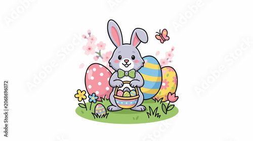 A cartoon bunny holding a basket of eggs surrounded by flowers and Easter eggs