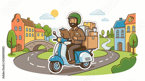 A cartoon delivery man riding a scooter through a colorful neighborhood