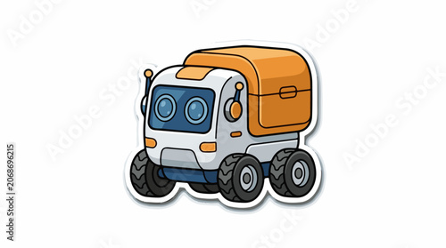 A cartoonish robot with a white and orange body, large eyes, and four wheels