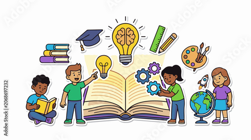 A colorful illustration of four children surrounded by educational symbols and objects