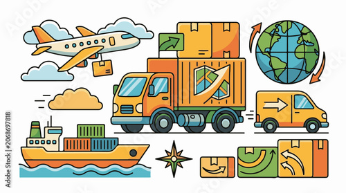 A colorful illustration depicting various modes of transportation and logistics