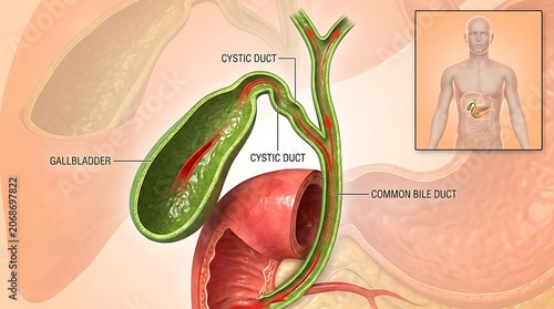 Detailed medical diagram of human gallbladder structure and cystic duct anatomy