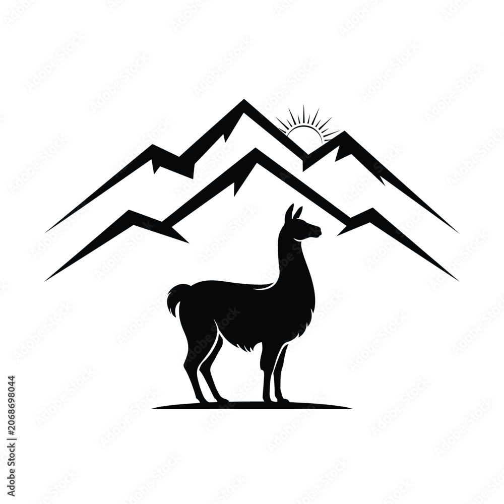 Fototapeta premium Llama Silhouette With Mountain Range And Rising Sun Monochrome Design