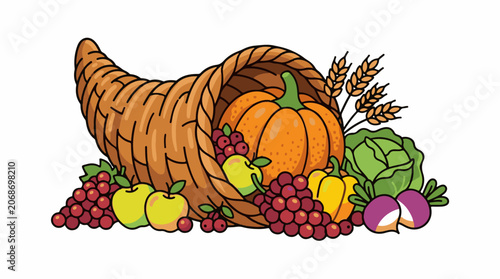A colorful cartoon illustration of a cornucopia overflowing with fruits and vegetables