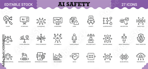 PrintAI Safety Icon Set - 27 Editable Vector Icons for Responsible AI & Ethics. Features AI audit, compliance, governance, monitoring, risk assessment, algorithm safety, bias detection, explainable AI
