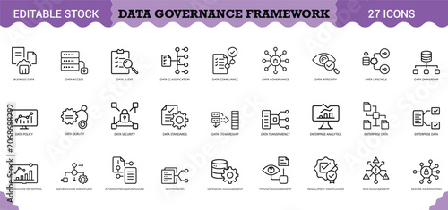 PrintData Governance Framework Icon Set - 27 Editable Vector Icons for Data Management & Compliance. Includes data audit, classification, compliance, integrity, lifecycle, ownership, policy, quality, 