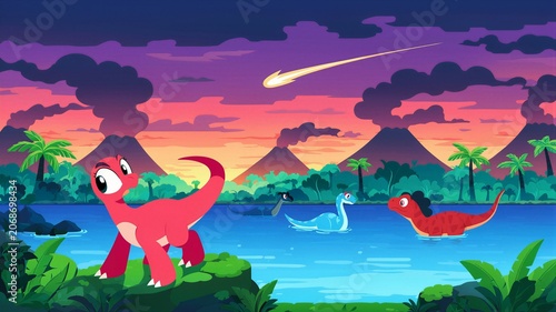 Cartoon Dinosaurs By River At Prehistoric Sunset