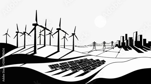 A black and white illustration of wind turbines and solar panels