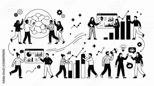 A black and white illustration of people working together, analyzing data