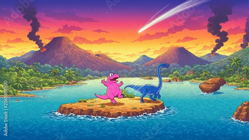 Cartoon Dinosaurs Facing Asteroid Disaster