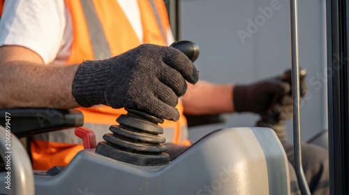 Construction Worker Operating Heavy Machinery with Control Stick and Safety Vest.