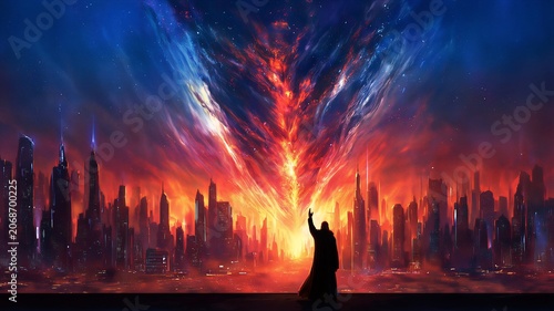 Hooded Figure Summoning Cosmic Phenomenon Over Futuristic City