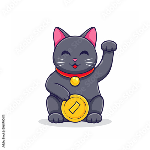 Cartoon Lucky Cat with Coin and Bell