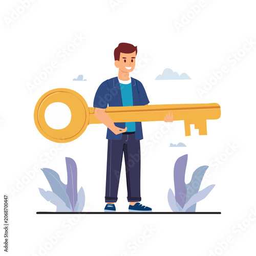 Cartoon man holding giant golden key illustration