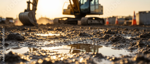 Construction site at sunset with muddy ground and an excavator working in the background.