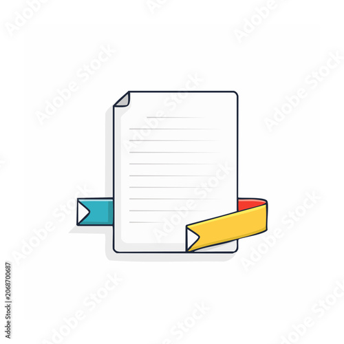Flat design document with paperclip and ribbon
