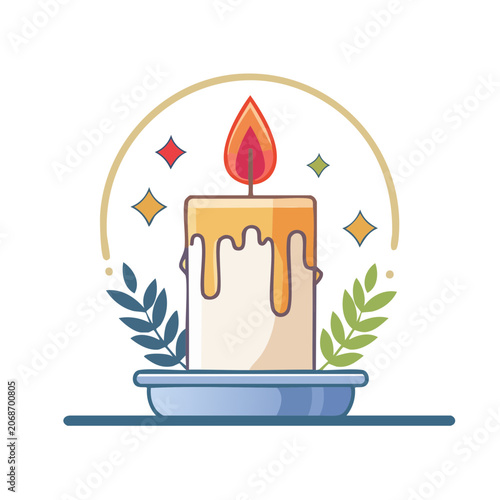Flat illustration of a burning candle with decorative elements