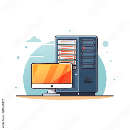 Flat illustration of computer tower and monitor