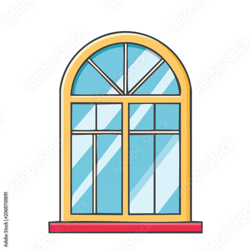 Illustration of an arched window with yellow frame and red sill