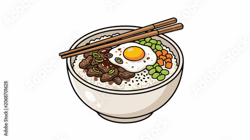 A bowl of rice with meat, vegetables, and a fried egg, served with chopsticks