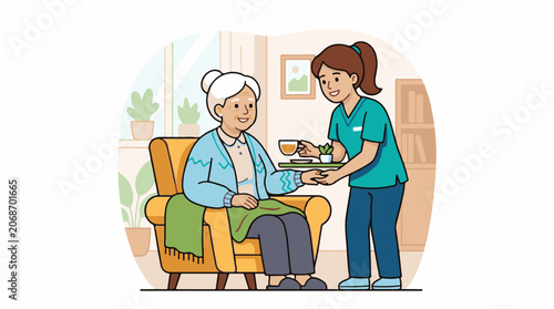 A caregiver serves tea to an elderly woman sitting on a couch