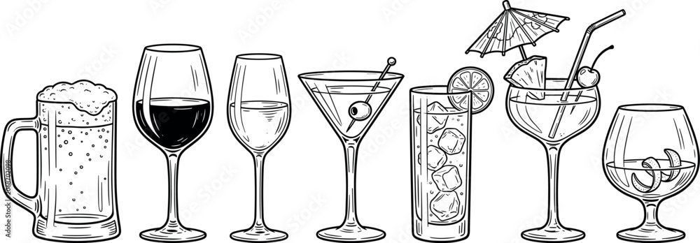 Φωτογραφία Hand drawn alcoholic drinks vector illustration line art set with beer mug wine glasses martini cocktail glass brandy snifter isolated on white background