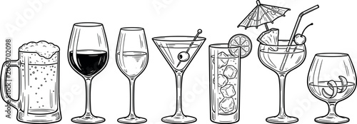 Fotografía Hand drawn alcoholic drinks vector illustration line art set with beer mug wine glasses martini cocktail glass brandy snifter isolated on white background