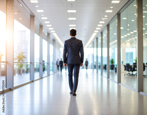 A businessman walks down a brightly lit, modern office corridor.