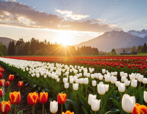 A vibrant field of red and white tulips stretches towards the horizon, bathed in the warm glow of the setting sun with majestic mountains in the background.