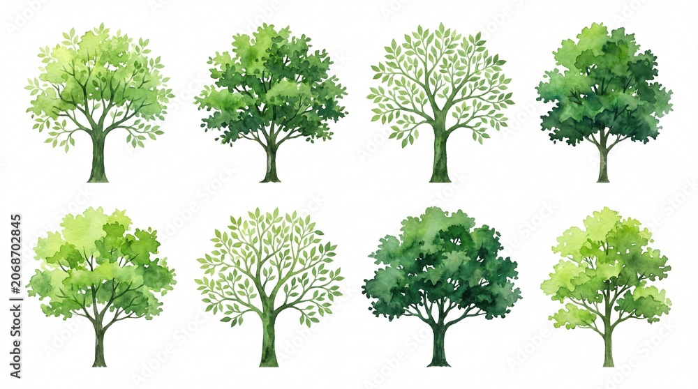 Fototapeta premium Set of eight watercolor green trees isolated on white background