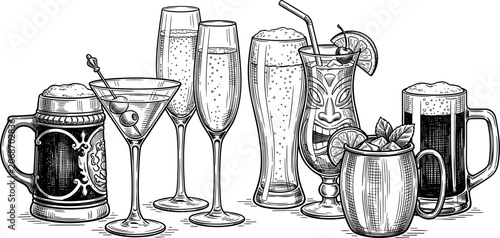Photography Hand drawn alcoholic drinks vector illustration set with beer mugs champagne flutes cocktail glasses martini moscow mule tiki cup isolated on white background