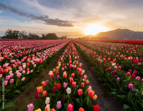 A vibrant field of tulips bursts with color under a stunning sunset, creating a picturesque landscape with rolling hills in the distance.