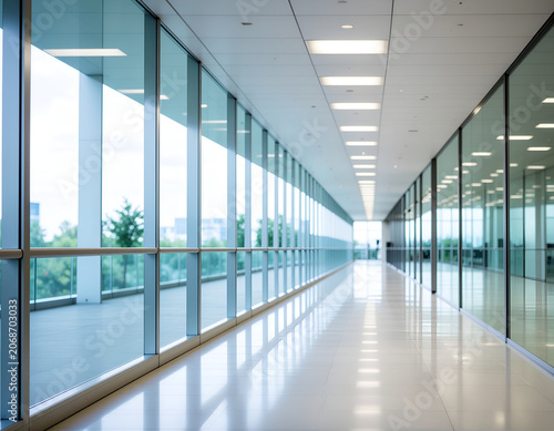 A long, modern hallway with expansive windows offers a view of lush greenery and a distant cityscape, bathed in soft, natural light.