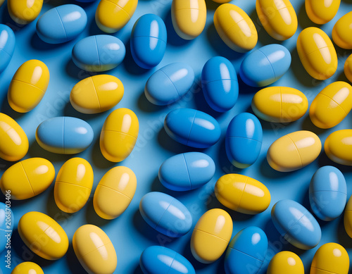 A vibrant, close-up arrangement of yellow and blue capsule-shaped pills scattered across a textured blue surface creates a visually striking and abstract composition.