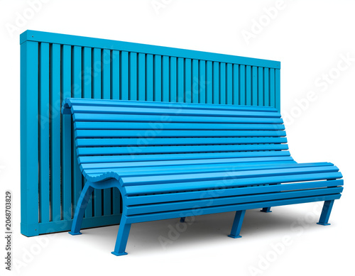 A vibrant blue park bench sits against a matching blue slatted wall, creating a striking and modern visual composition against a clean white background.