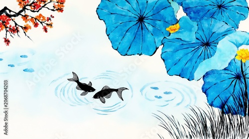 Ink Painting Of Fish Swimming In Lotus Pond