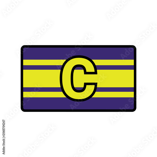 A purple and yellow sports captain armband with a bold letter C