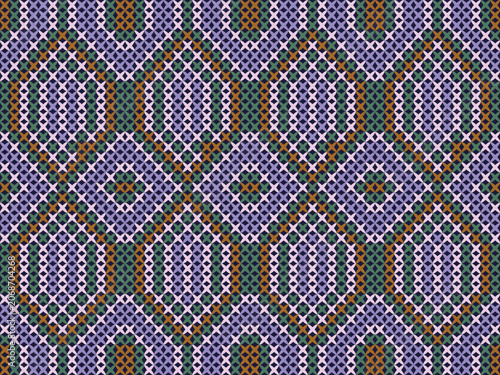 Elegant knit pattern featuring large oval frames and vertical stripe accents in lavender, navy, green, and gold. Suitable for knitwear, throws, cushions, apparel, and interior textiles.