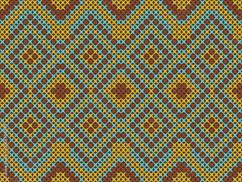 Bold geometric knit pattern with layered diamonds and circular motifs in mustard, brown, and aqua. Ideal for sweaters, scarves, blankets, cushions, upholstery, and fashion accessories.