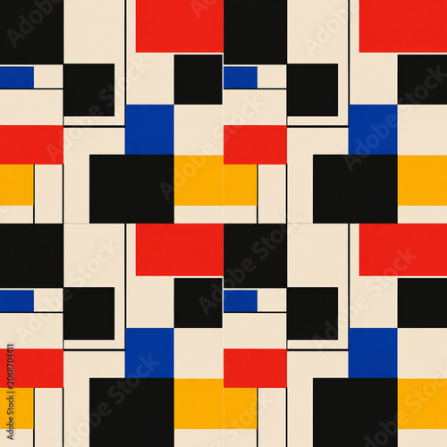 A geometric pattern featuring a grid of rectangles and squares in black, red, blue, yellow, and beige, creating a modern, abstract design.