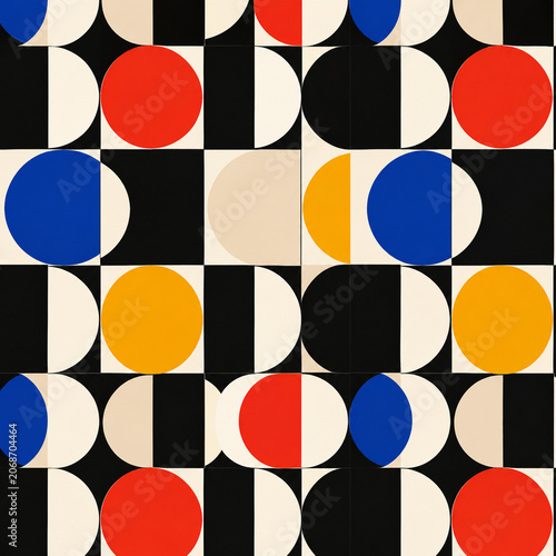 A colorful geometric pattern with circles and semicircles in red, blue, yellow, black, and beige arranged in a repeating grid on a light background.