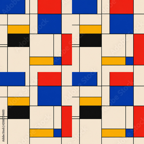 A geometric abstract pattern featuring rectangles and squares in primary colors with black lines on a beige background.