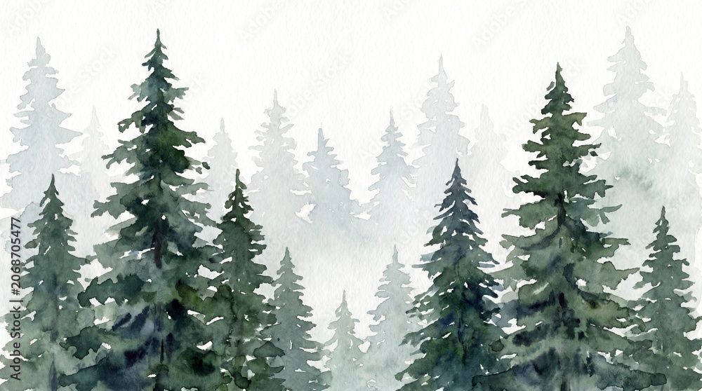 Fototapeta premium Watercolor painting of a misty pine forest