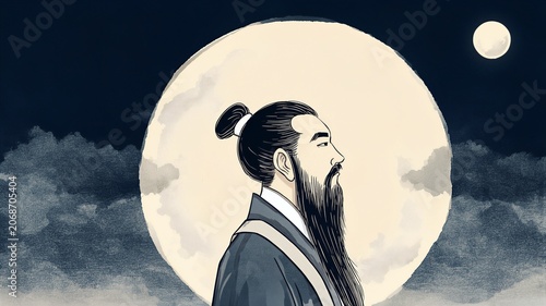 Ancient Chinese Man Gazing At Moon Night