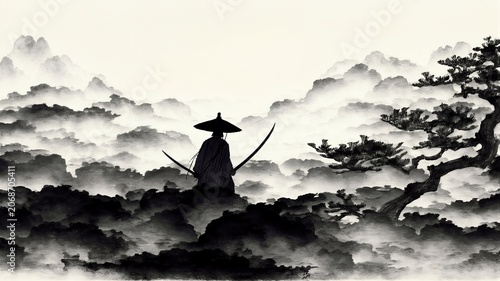 Silhouetted Warrior In Misty Mountains