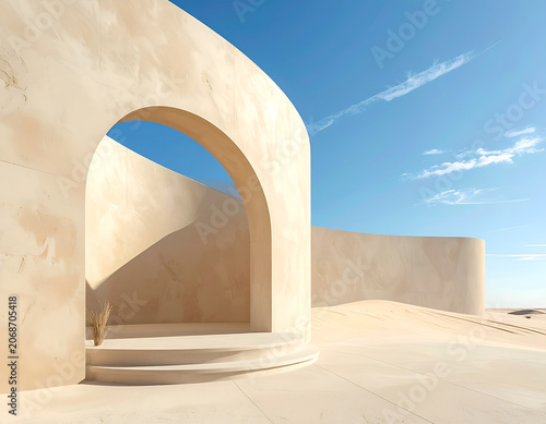Minimalist Desert Architecture with Archway and Blue Sky.