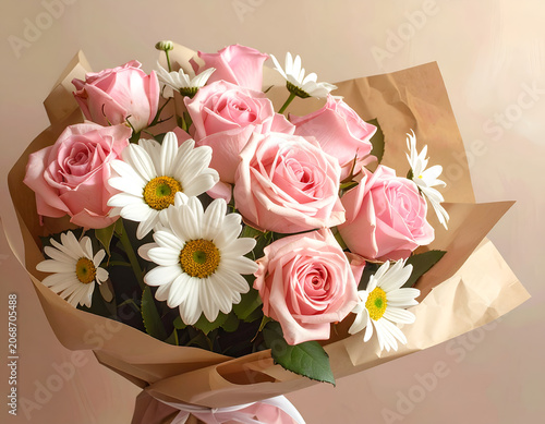 Beautiful bouquet of pink roses and white daisies in brown paper wrapping.