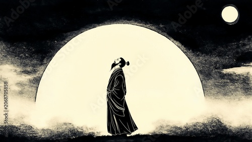 Ancient Scholar Looking At Moon Illustration