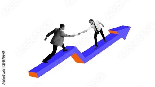 Business partners helping each other overcome setback on rising arrow in stop motion. Concept of business recovery, team support, growth strategy and creative promo visuals.