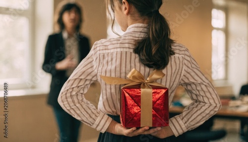 A person hides a wrapped gift behind their back, preparing to surprise another individual in an indoor setting with natural light through windows.